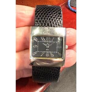 Women's 32mm silver Tone Premier Designs Bangle Watch, BlackLeather Wrap